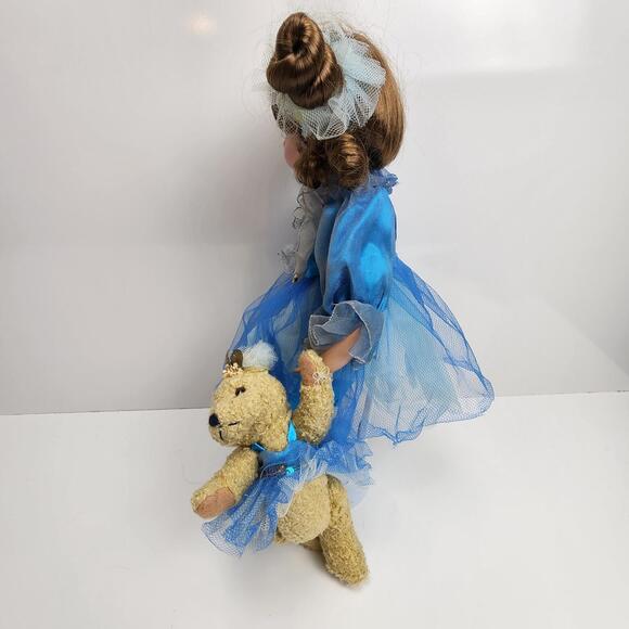 Sweet Ballerina with Teddy Bear 18" Dressed in Blue Satin & Tulle Porcelain Doll - Picture 6 of 14